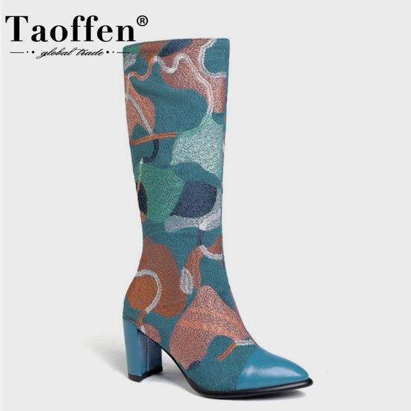 

boots taoffen size 33-43 women fashion shoes mid calf thick high heels mixed color party club outdoor winter ladies footwear, Black