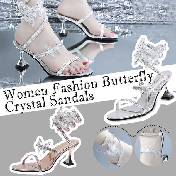 

dress shoes 2021 women sandals fashion butterfly crystal bling thick high heels open toed slip on pumps party slippers, Black