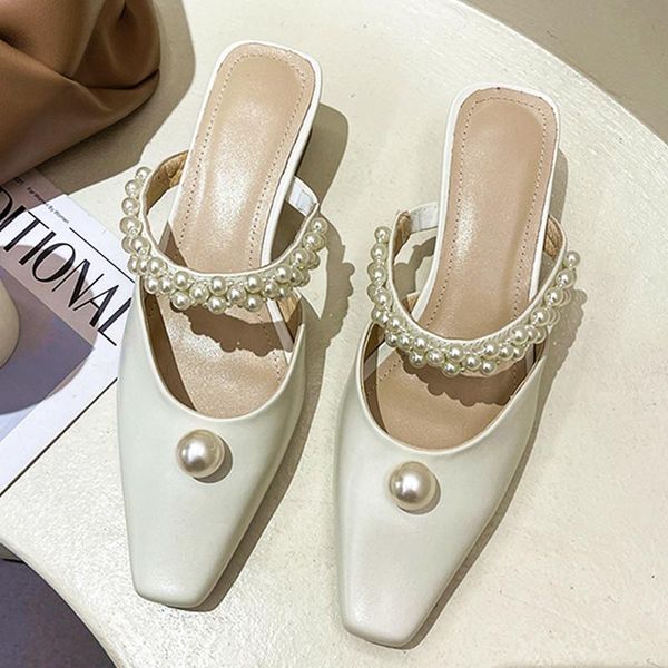 

pearl pointed toe square heel slippers women black mules slides fashion ladies female mueller shoes s280