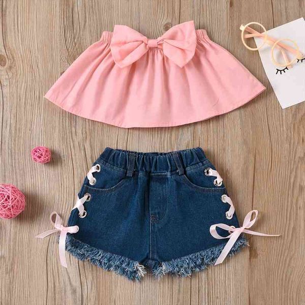 

kids baby european and american solid bow chest strap denim shorts two-piece set sweet wind cute girl set 6m-3y, White