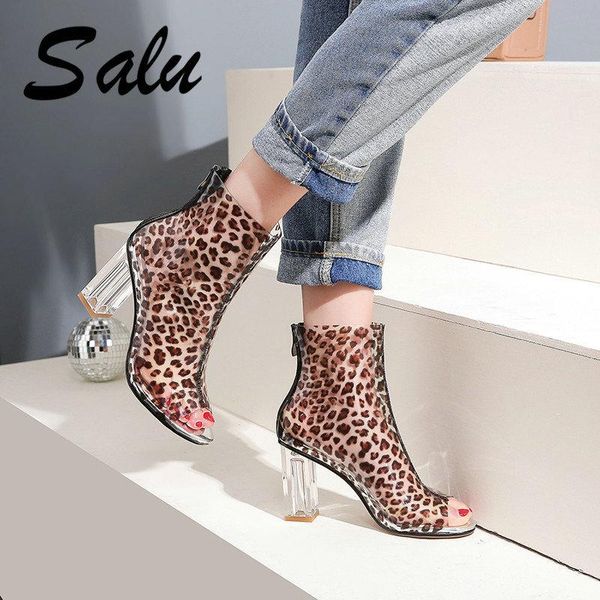 

boots salu 2021 women pvc ankle transparent clear heels shoes super high zip, Black