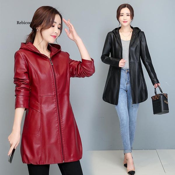 

women's leather & faux women long jacket hooded plus size trench coats autumn winter loose zipper coat, Black