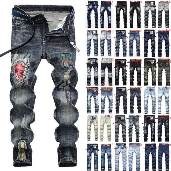 

fashion men jeans skinny frayed ripped denim pant stretchy casual slim fit men's, Blue
