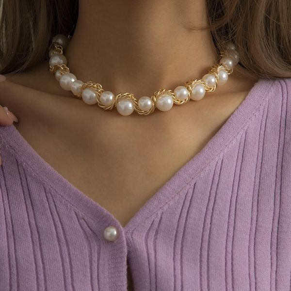 

chokers gold punk trendy round pearls strand beaded choker necklace for women bridal handmade short pearl clavicle collar, Golden;silver