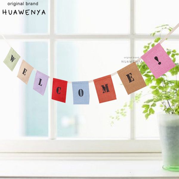 

welcome colored cotton linen square large flag party wedding opening decoration pendant