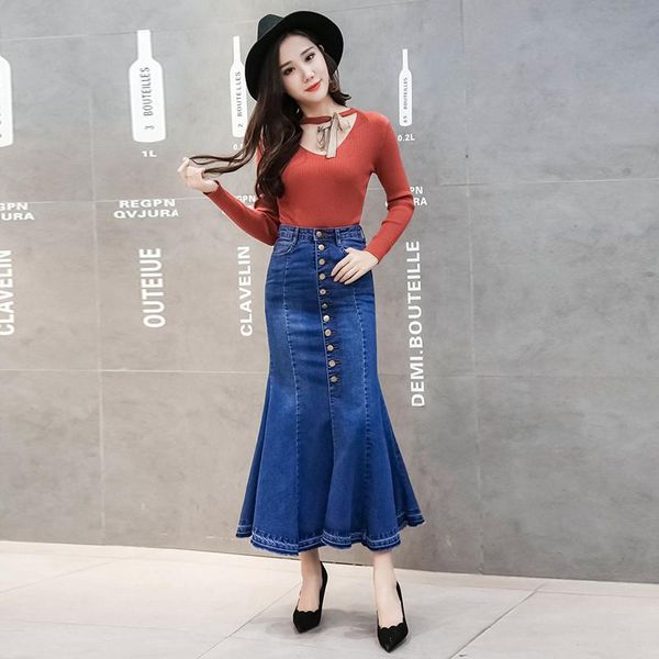 

skirts fashion women blue high waist denim skirt classic vintage back split bodycon skinny female pencil patchwork, Black