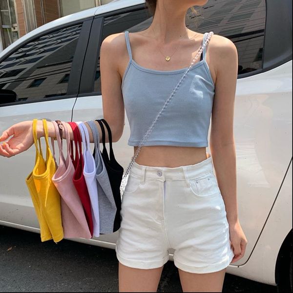 

solid color spring summer women tanks u neck stretch undershirt camisole tos korean small vest basic camis, White