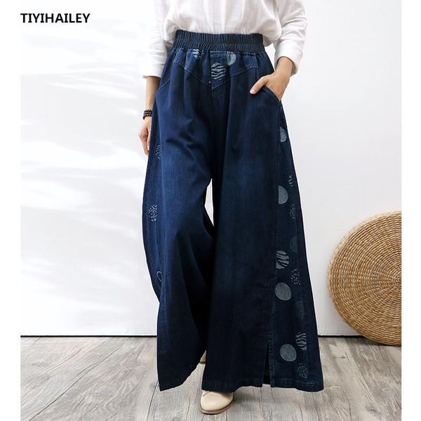 

women's jeans tiyihailey wide leg long pants for women print trousers denim elastic waist casual with pockets, Blue