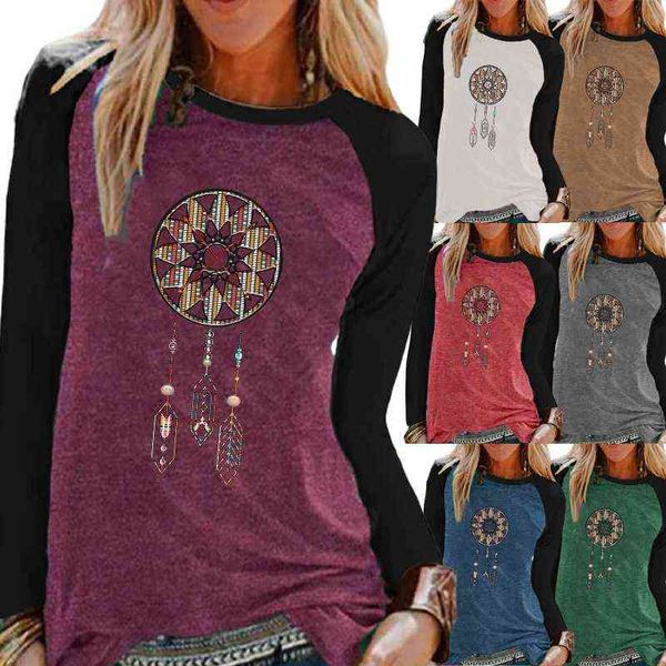 Outono senhoras casual manga longa camisa topo moda em torno do pescoço solto dreamcatcher impressão camiseta feminina moletom xs-5xl 220207