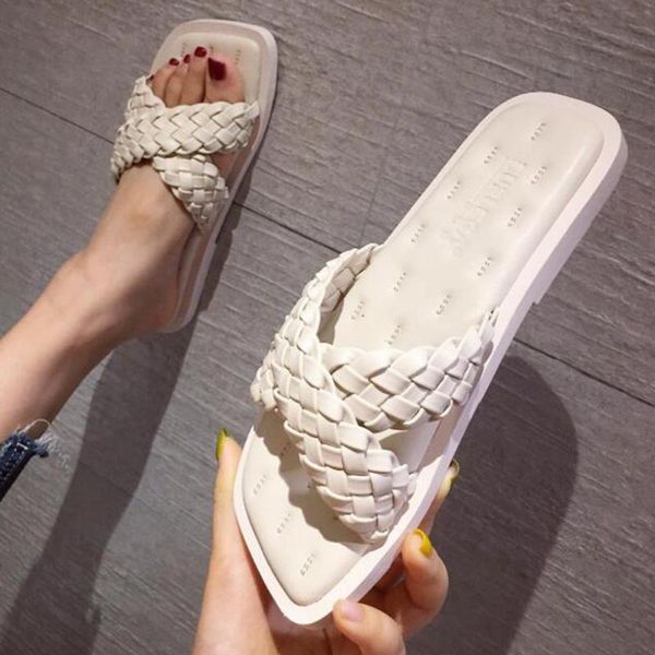 

slippers fashion weave cross women square toe flat casual shoes female slide summer flip flops beach sandal slipper qq547, Black