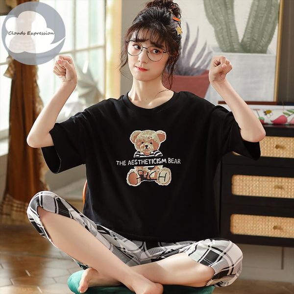 

brand knitted cotton summer short womens sleepwears sleeved plus size  5xl women pajamas set pyjamas sleepwear cute cartoon pijamas, Black;red