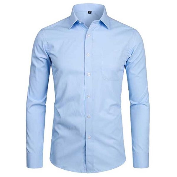 Camicie da uomo slim fit blu cielo Camicie maniche lunghe da uomo di marca in cotone formale da lavoro di alta qualità con tasca 210809