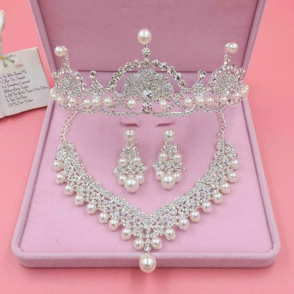 

earrings & necklace bridal pearl rhinestone set wedding accessories headband crown dress, Silver