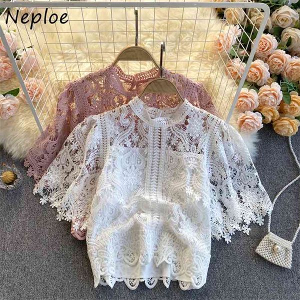 

neploe elegant lace hollow out design solid blouse women o neck pullover long sleeve slim blusas spring new shirt feminino 210423, White