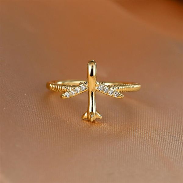 

wedding rings dainty female crystal plane ring cute gold color open for women luxury white zircon stone engagement, Slivery;golden