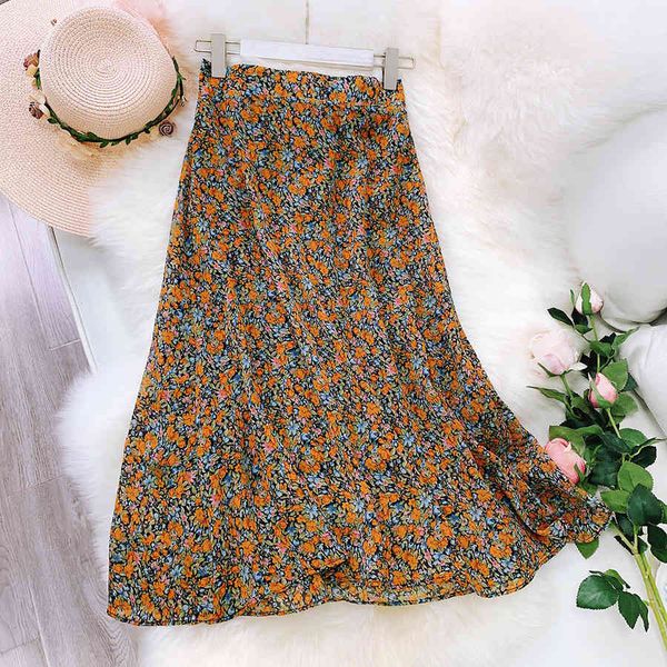 

qooth summer skirt women ins floral printed pleated skirts school girl midi skirt female chiffon skirts qh2283 210518, Black