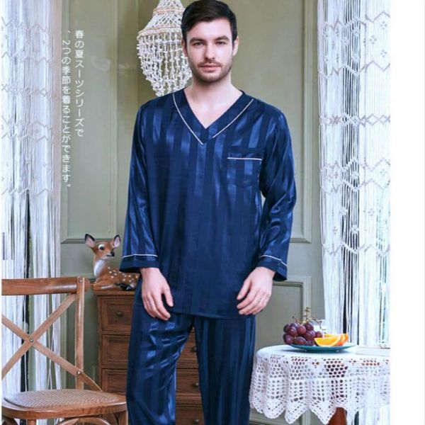 

men's sleepwear all season homewear long sleeve night suits ice silk nightgowns 2pcs sets large size nightwear j005, Black;brown
