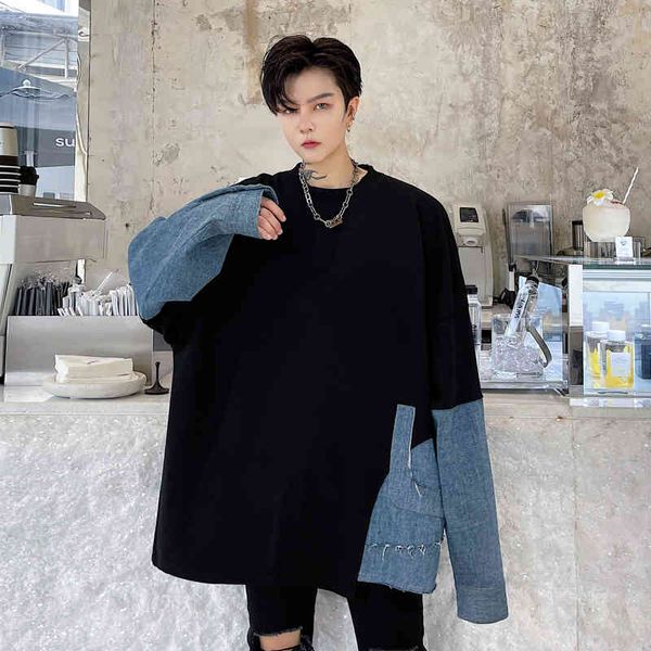 

men's jackets men oversize splice denim streetwear hip hop loose pullover long sleeve sweatshirts college man women couple hoodie sweat, Black;brown