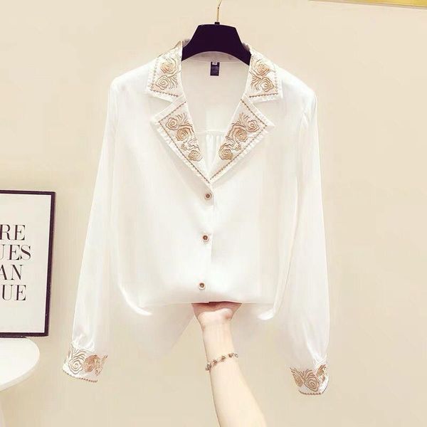 

women's blouses & shirts embroidery chiffon women white summer 2021 turn-down collar embroider loose elegant office lady outwear