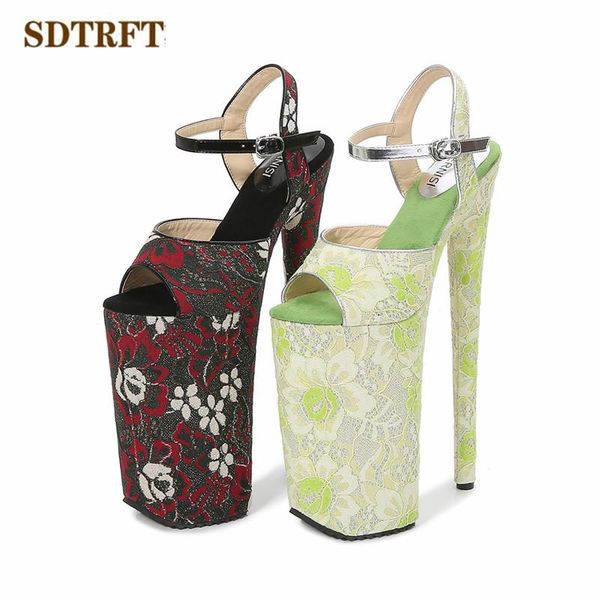 

dress shoes sdtrft  inch stilettos fetish sequins sandals 26cm thin heels pumps 16cm platform women retro embroidery zapatos mujer, Black