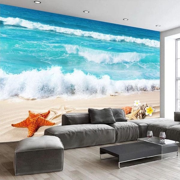 

wallpapers custom 3d po wallpaper seaside sandy beach sea wave starfish shell living room bedroom bathroom waterproof mural wall paper