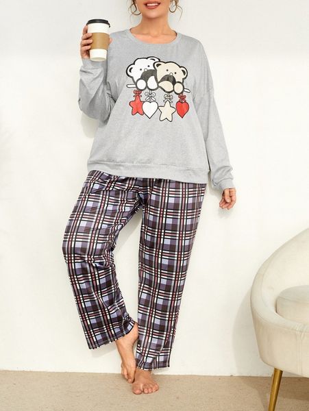 

plus cartoon graphic drop shoulder & plaid pants pj set f6bq#, Black;white