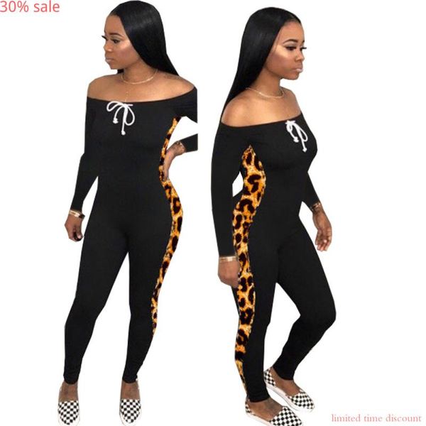 

women's jumpsuits & rompers ladies tracksuits black jumpsuit women 2021 fashion design leopard slash neck full sleeve, Black;white