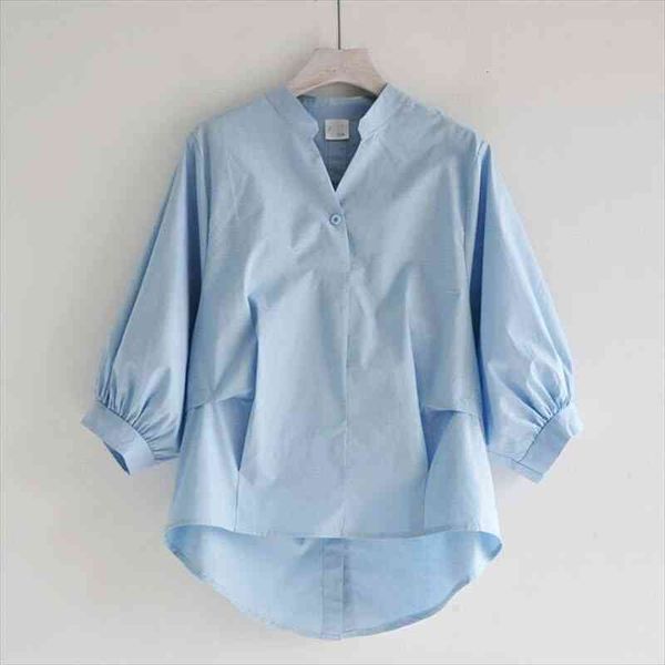 

summer korea fashion women white v-neck shirt plus size lantern sleeve loose blouses back split button shirts ladies