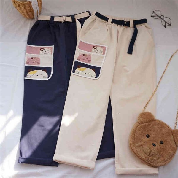 

korean est harajuku women streetwear elastic high waist kawaii cargo trousers cute cat patch leisure loose pants belt, Black;white
