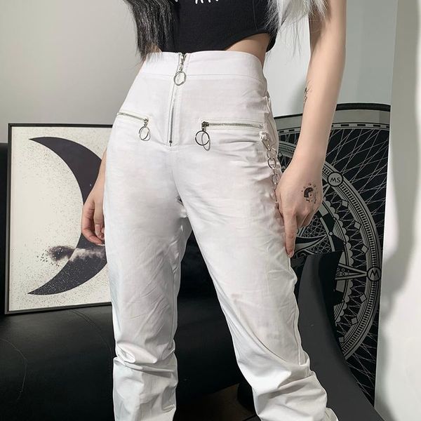 

women's pants & capris aiiou harajuku white streetwear women high waist gothic moon zipper hollow out bodycon long trousers casual vint, Black;white