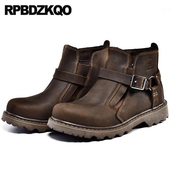 

boots brown full grain high booties safety platform ankle chunky winter men with fur runway genuine leather shoes short work1, Black