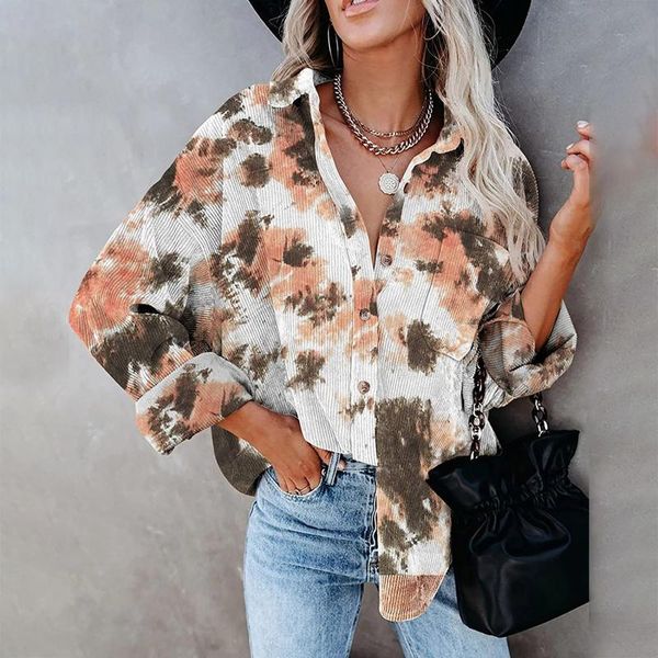 

women's jackets trend loose corduroy lapel shirt autumn and winter lady plaid splicing pockets long-sleeved jacket streetwear, Black;brown