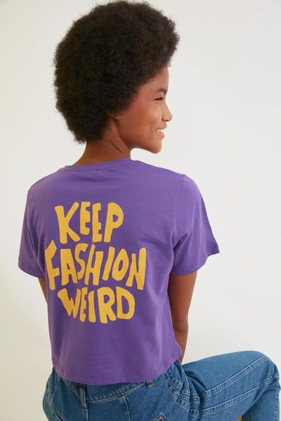 

women's t-shirt trendyol crop back printed knitted twoss21ts2065, White