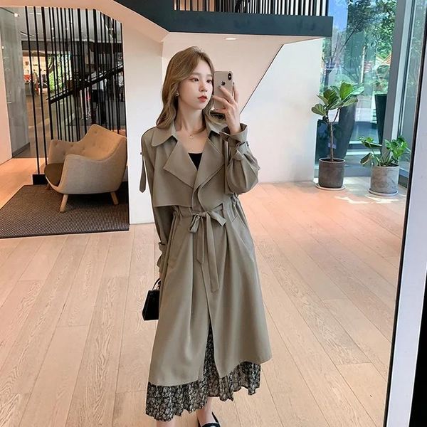 

women's trench coats spring 2021 tempered windbreaker coat, medium length korean british retro french style western fashion, Tan;black