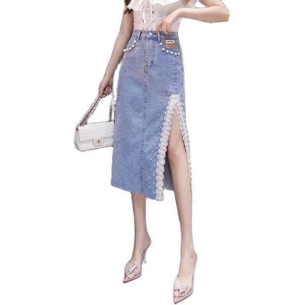 

side slit high waist denim skirt female pocket heavy beaded thin frayed 2021 summer korean fashion women's clothing skirts, Black