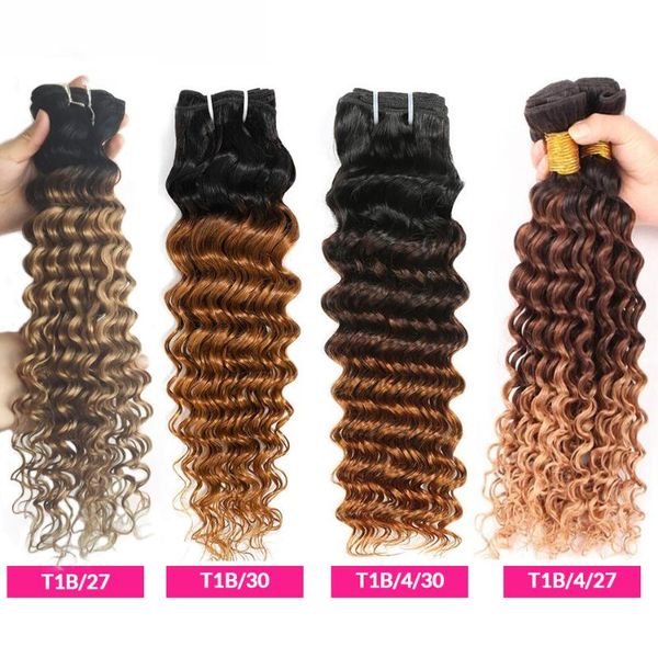 

human hair bulks ombre deep wave bundles 1b 4 27 30 curly 1 3 remy honey blonde brazilian weave, Black