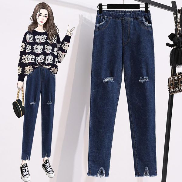 

women's jeans skinny hole stretch denim plus large size oversize korean vintage autumn clothing high waist trousers fashion pant, Blue