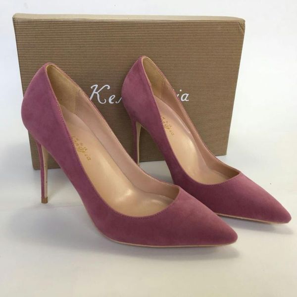 

dress shoes keshangjia pointed toe women pumps elegant high heels flock leather office lady thin heel party, Black