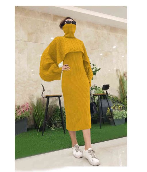 

two piece dress winter women's 2-piece set blue cloak turtle breeding loose + vest long skirt waist pencil skirt set, White