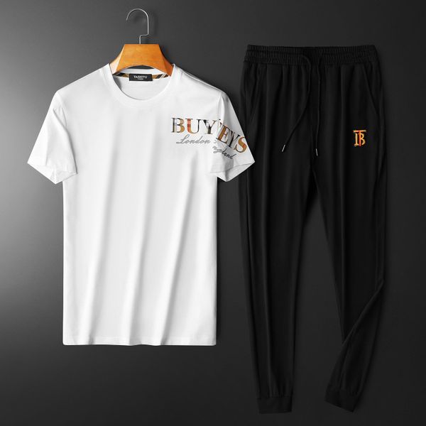

fashion men's tracksuits 2021 summer round ne printed short sleeve mercerized cotton leisure sports pants suit, Gray