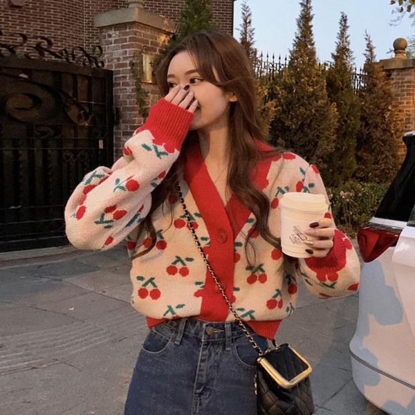 

women's knits & tees early autumn fashion cherry jacquard retro knitted cardigan short sweater loose korean sueter mujer, White