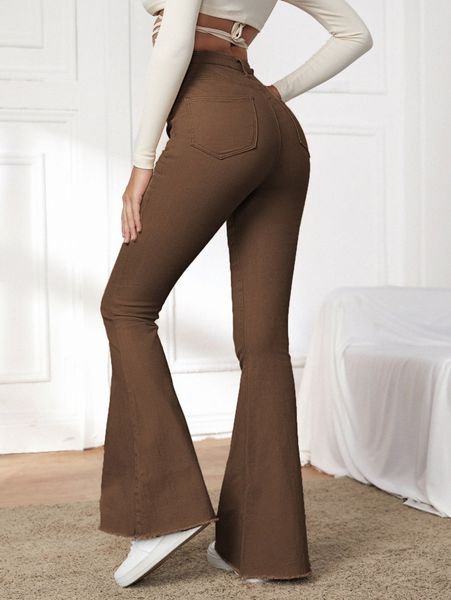 

high waist contrast stitch flare leg jeans o6df#, Blue