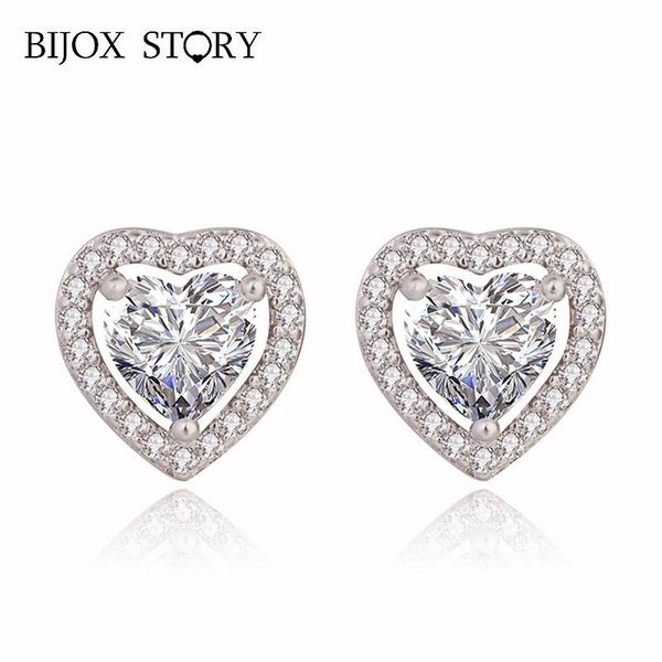 

elegant earrings 925 silver jewelry with heart-shaped zircon gemstone fine stud for women wedding party, Golden;silver