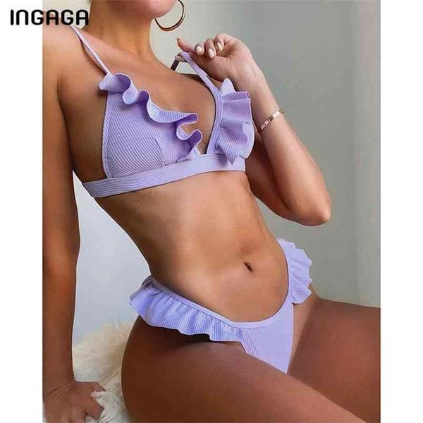 Ingaga push up bikinis kadın mayoları seksi fırfır mayo nervürlü mayo tanga yüksek kesim beachwear bikini set 210630