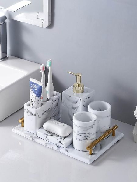 

european style marbled resin bathroom kit household soap bottle dish toothbrush cup mouthwash home decoration bath accessory set