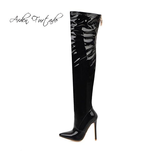 

boots arden furtado 2021 fashion women's shoes winter pointed toe stilettos heels zipper red white elegant ladies over the knee, Black