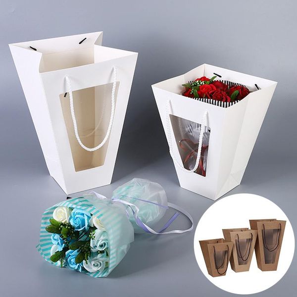 

gift wrap flower packing bag with clear window trapezoid shape portable boxes kraft paper bags home decoration