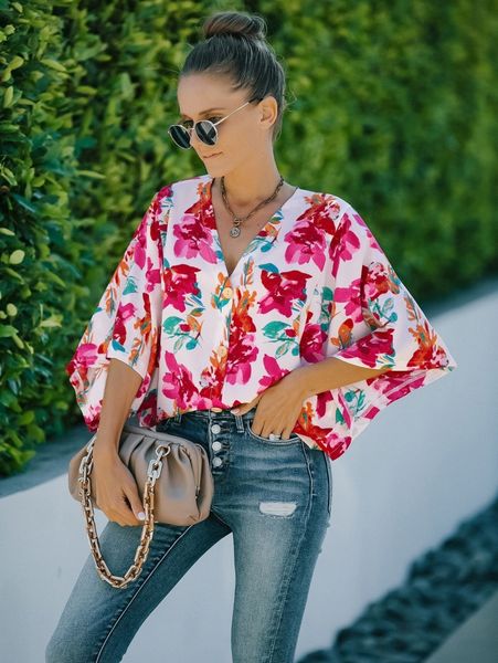 

floral print v neck button front blouse b43o#, White