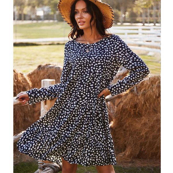 

casual dresses gxds polka dot loose dress women autumn long sleeve ruffles fashion o-neck beach holiday robe elegant sweet printing, Black;gray
