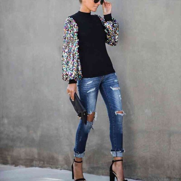 

women autumn winter mock neck sequins patchwork long puff sleeve blouse modern blouse for women, White